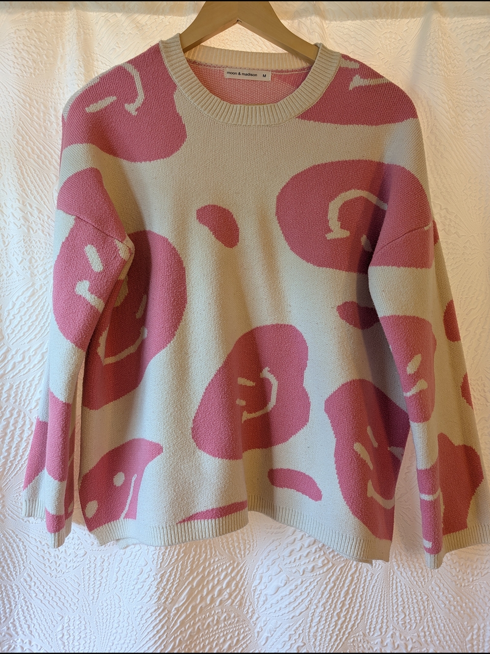 moon & madison Pink Smiley Crewneck Sweater